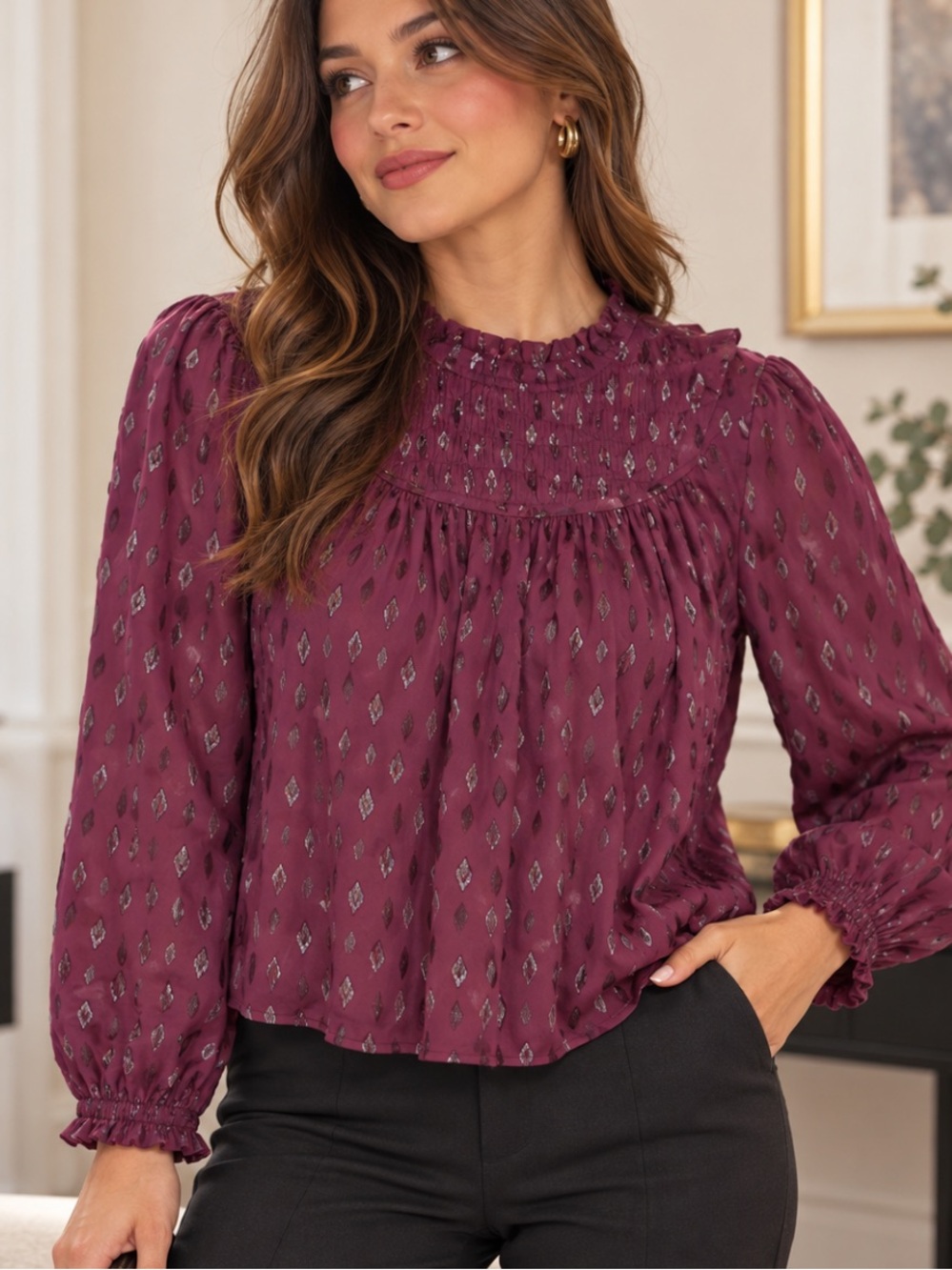 LOFT Geo Clip Pleated Yoke Top Business Casual Boho Chic Work Wear